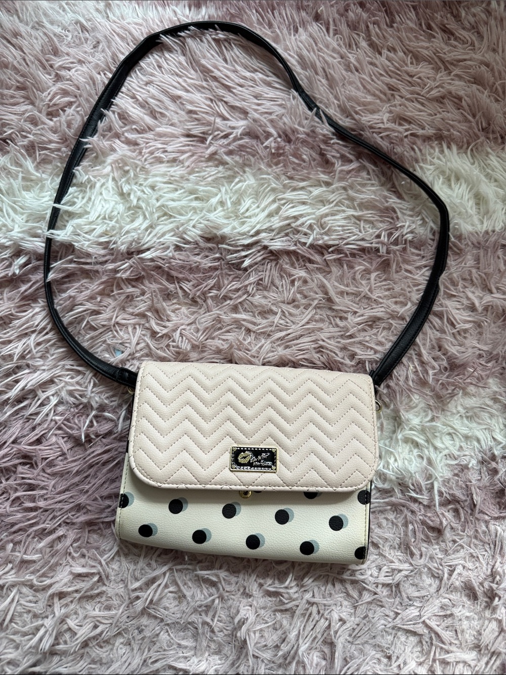 Polka Dot Quilted Crossbody Bag - Pale Pink/Black